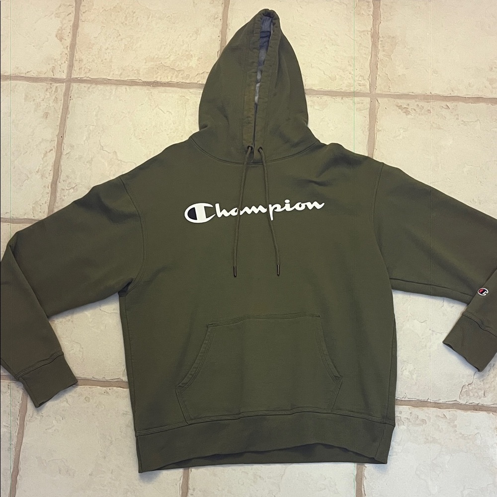 Men’s Champion Olive Green Hoodie with White Script Logo